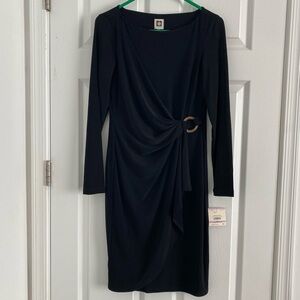 Anne Klein Classic Moc Wrap Dress Women's SZ 6 Black Jersey Gold Logo New Nwt